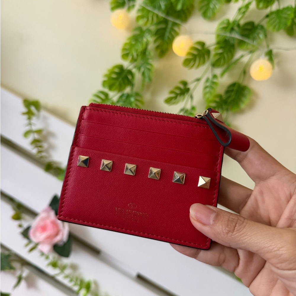 Valentino Red Leather Card Case with Gold Pyramid Studs